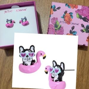 BETSEY JOHNSON Boston Terrier French Bulldog pink flamingo floaty earrings NWT